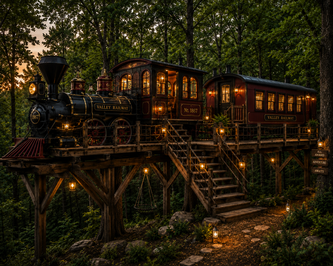 Valley Railway train and treehouse lodging